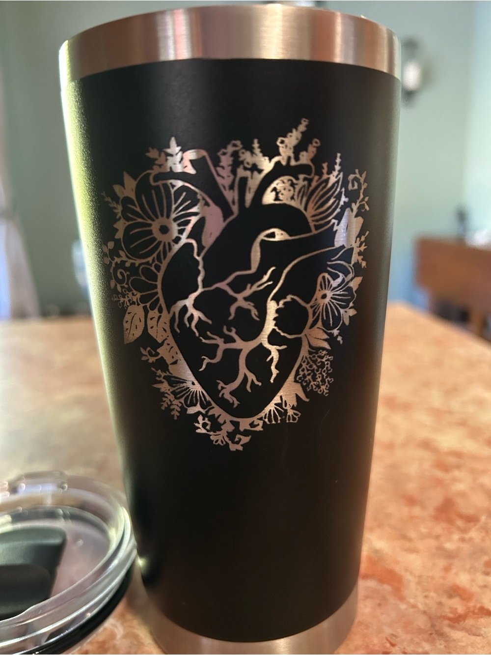 Stainless Steel Black Floral Heart Travel Tumbler